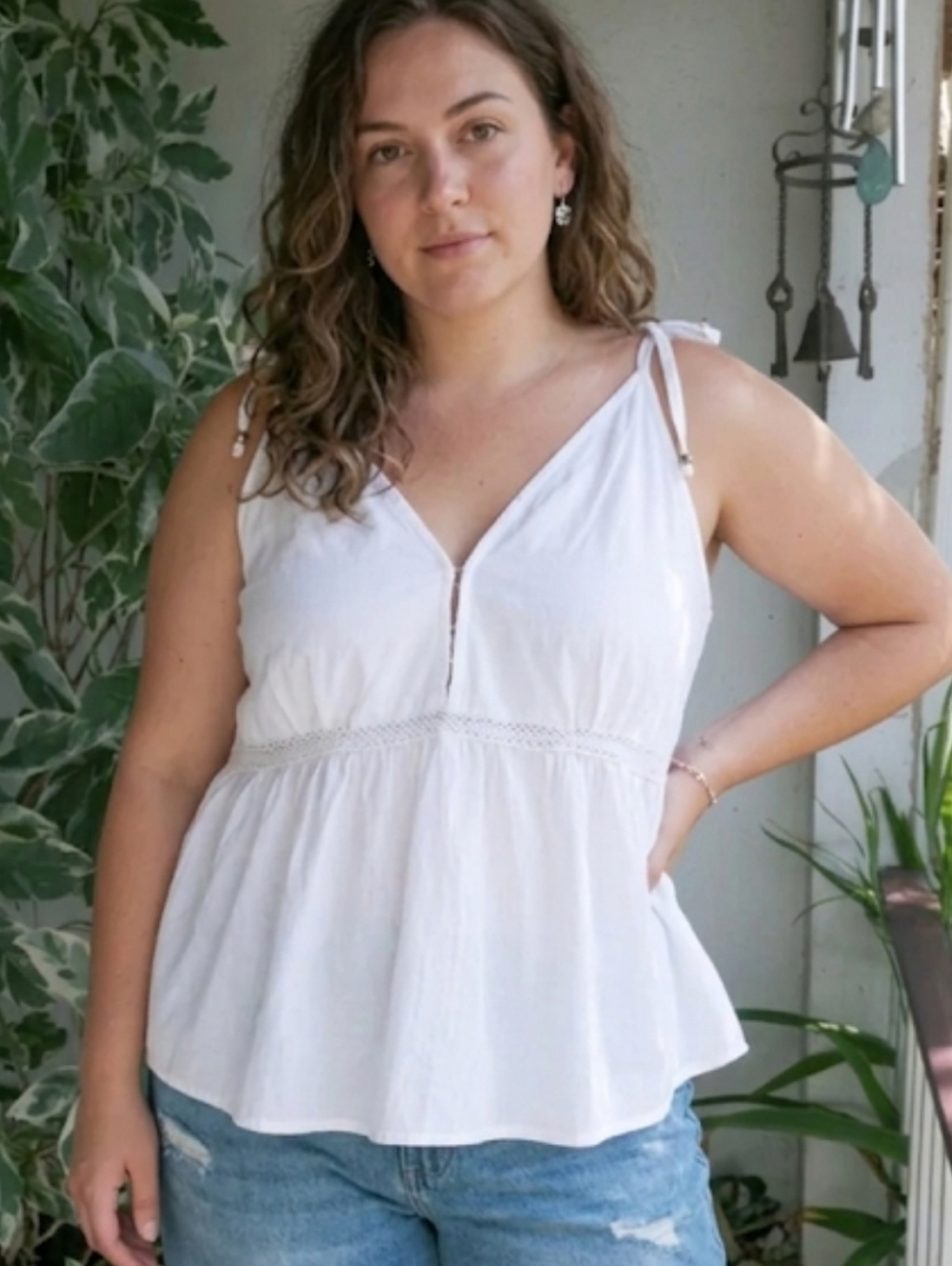 New White Bohemian Baby Doll Top Sz L